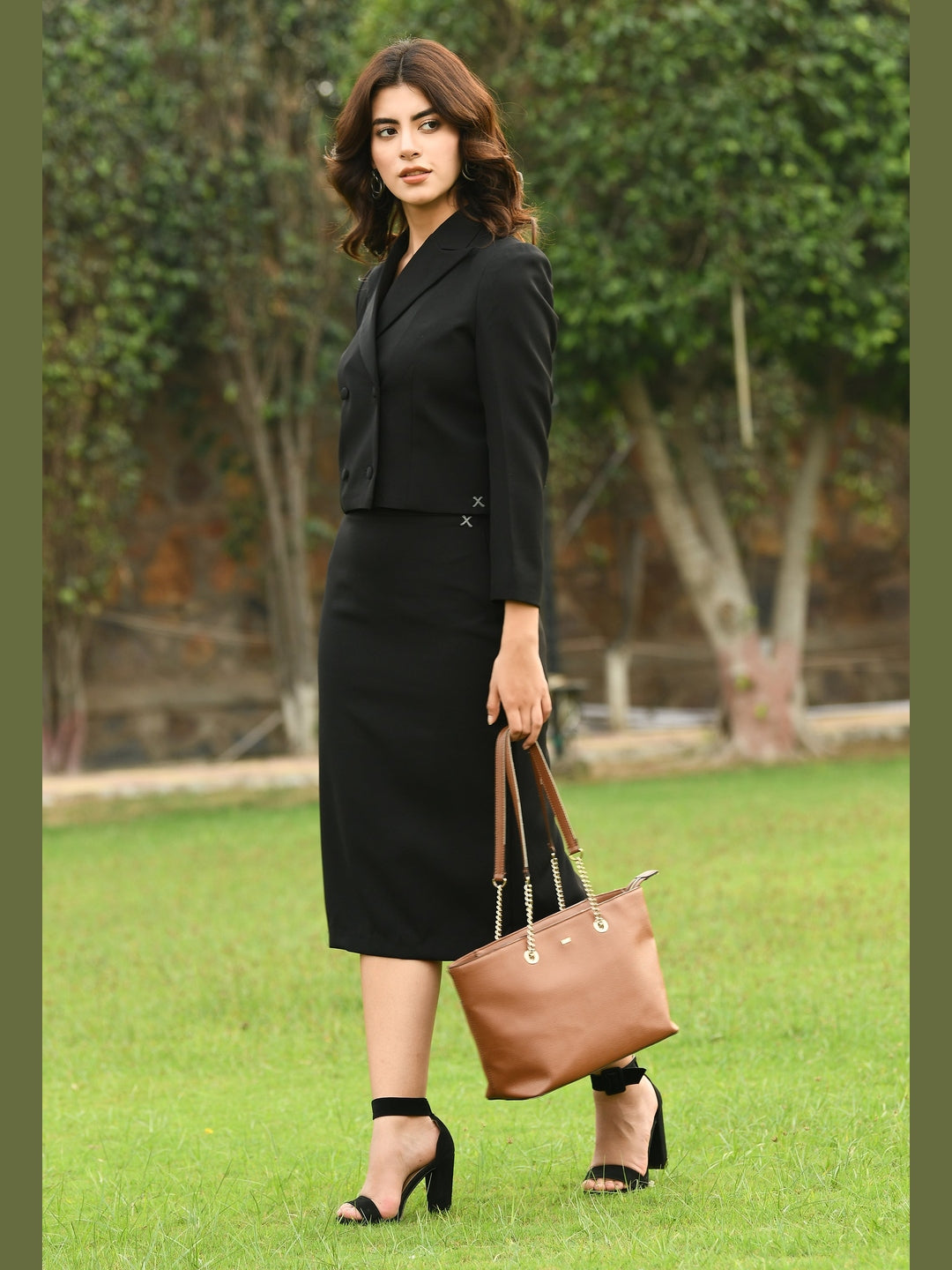 Exude Self-assurance Double-breasted Crop Blazer Top with Pencil Skirt Black Co-ord Sets