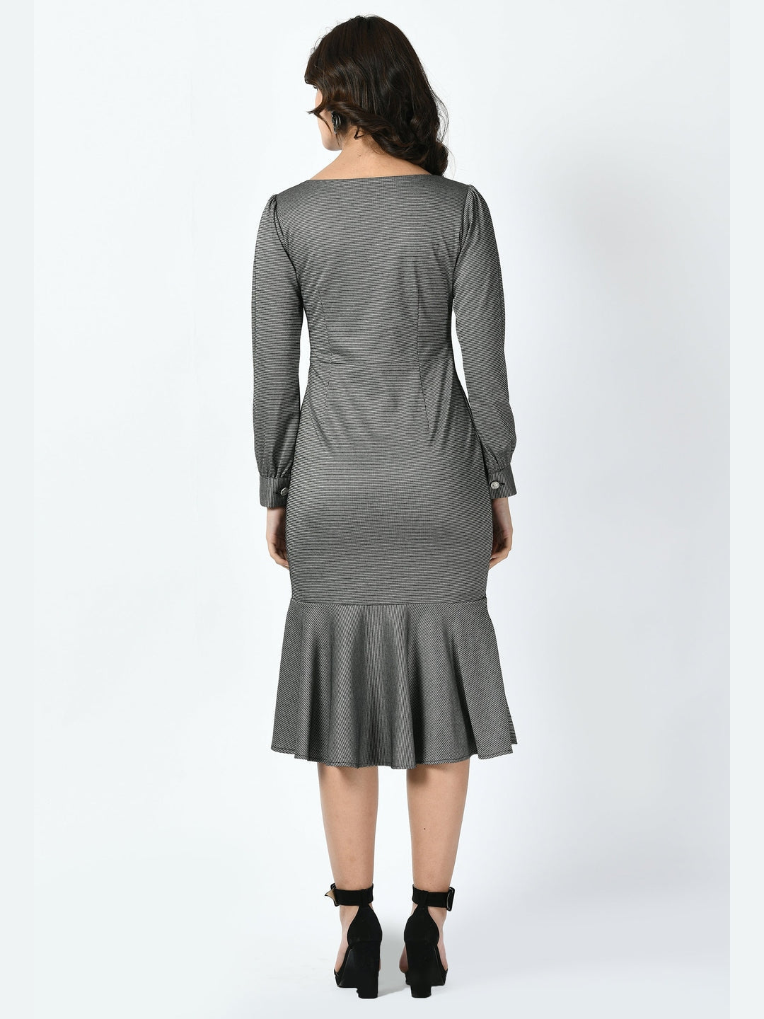 Exude Peak Checked Fishtail Midi Dress Charcoal Black Dresses