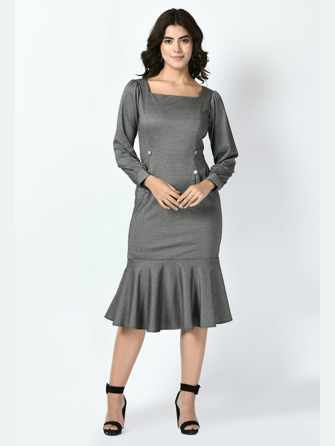 Exude Peak Checked Fishtail Midi Dress Charcoal Black Dresses