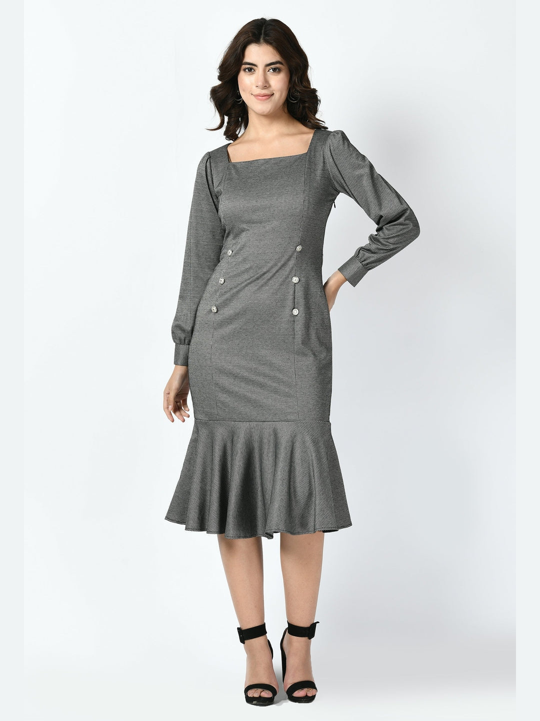 Exude Peak Checked Fishtail Midi Dress Charcoal Black Dresses