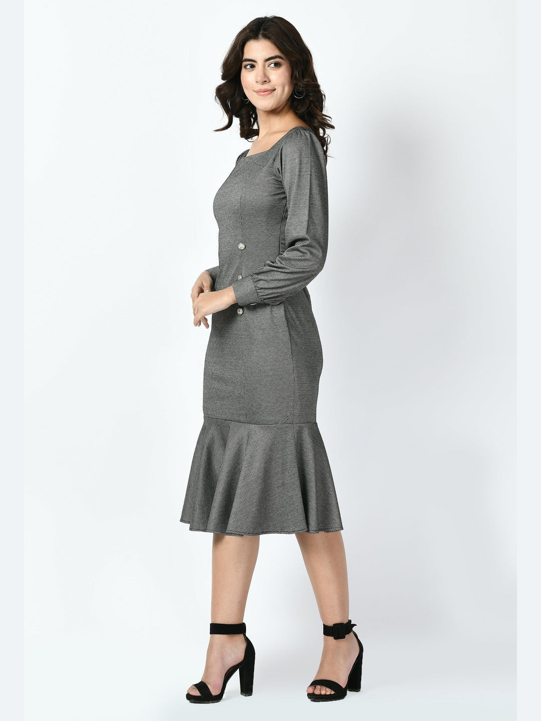 Exude Peak Checked Fishtail Midi Dress Charcoal Black Dresses
