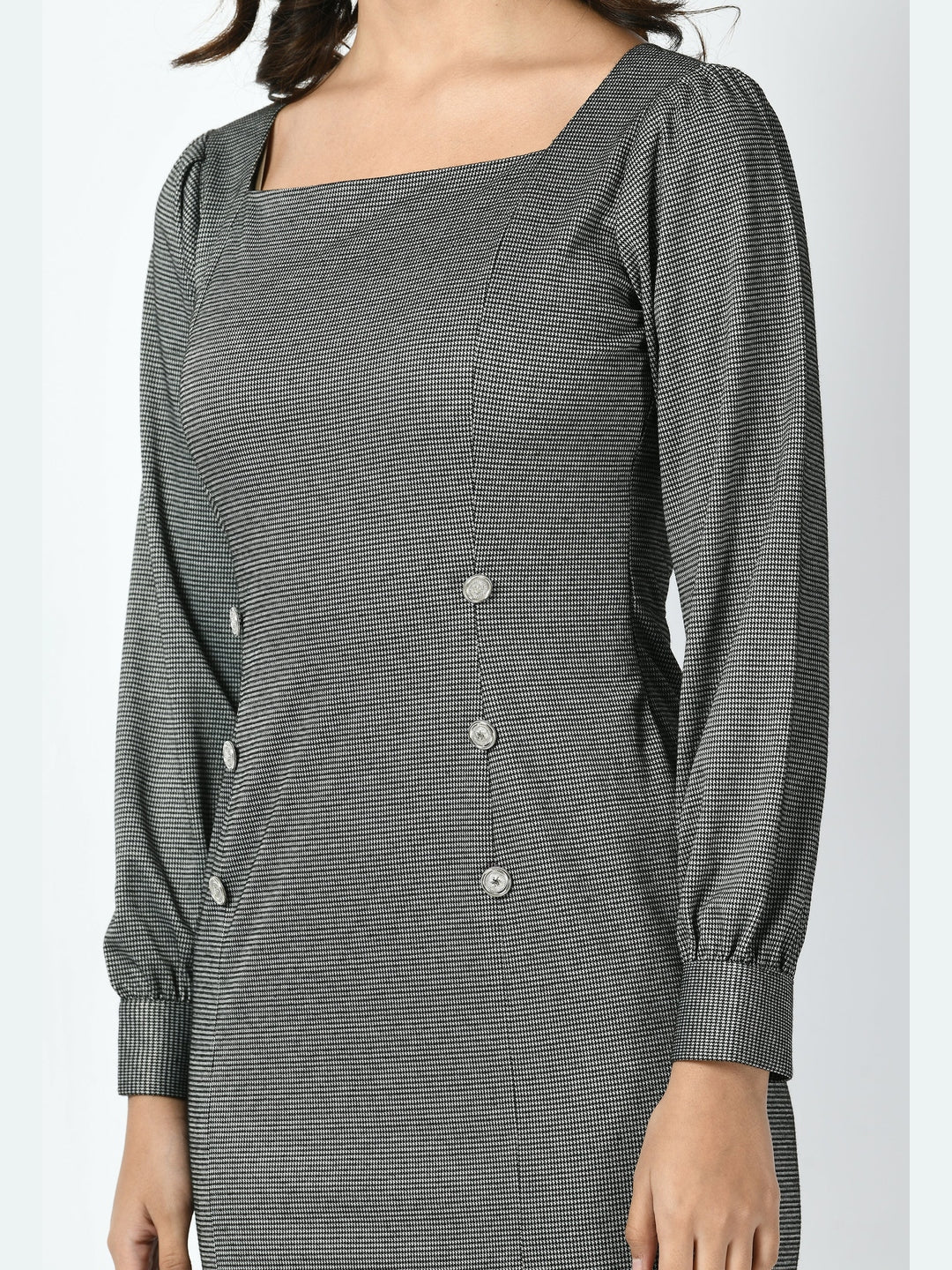 Exude Peak Checked Fishtail Midi Dress Charcoal Black Dresses