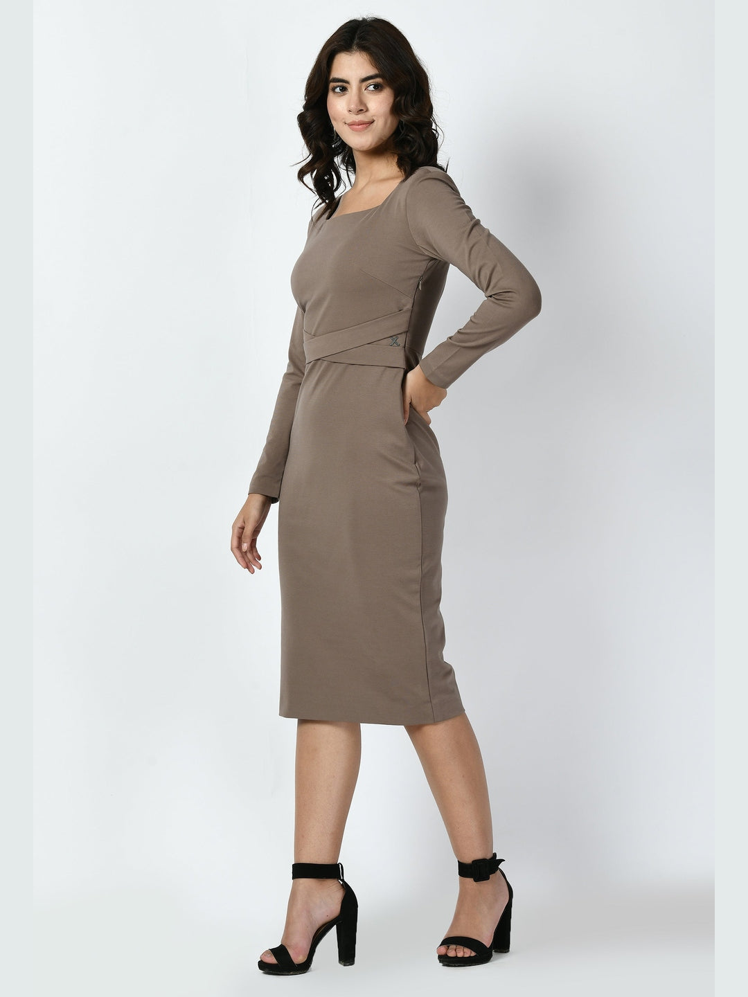Exude Pinnacle Padded Shoulder Sheath Dress Camel Beige Dresses