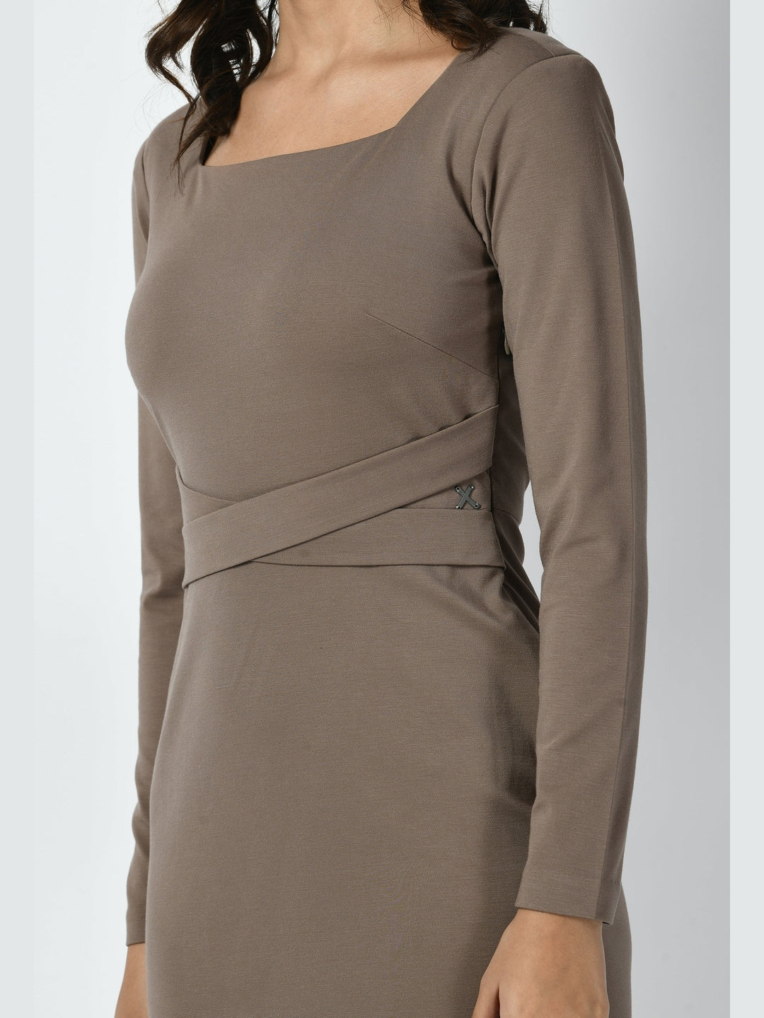 Exude Pinnacle Padded Shoulder Sheath Dress Camel Beige Dresses