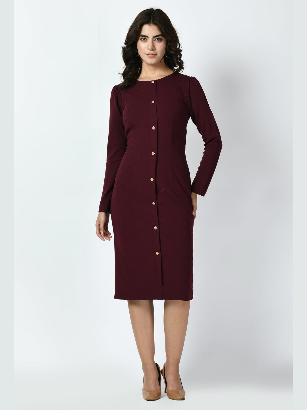 Exude Acme Button Down Midi Sheath Dress Wine Dresses