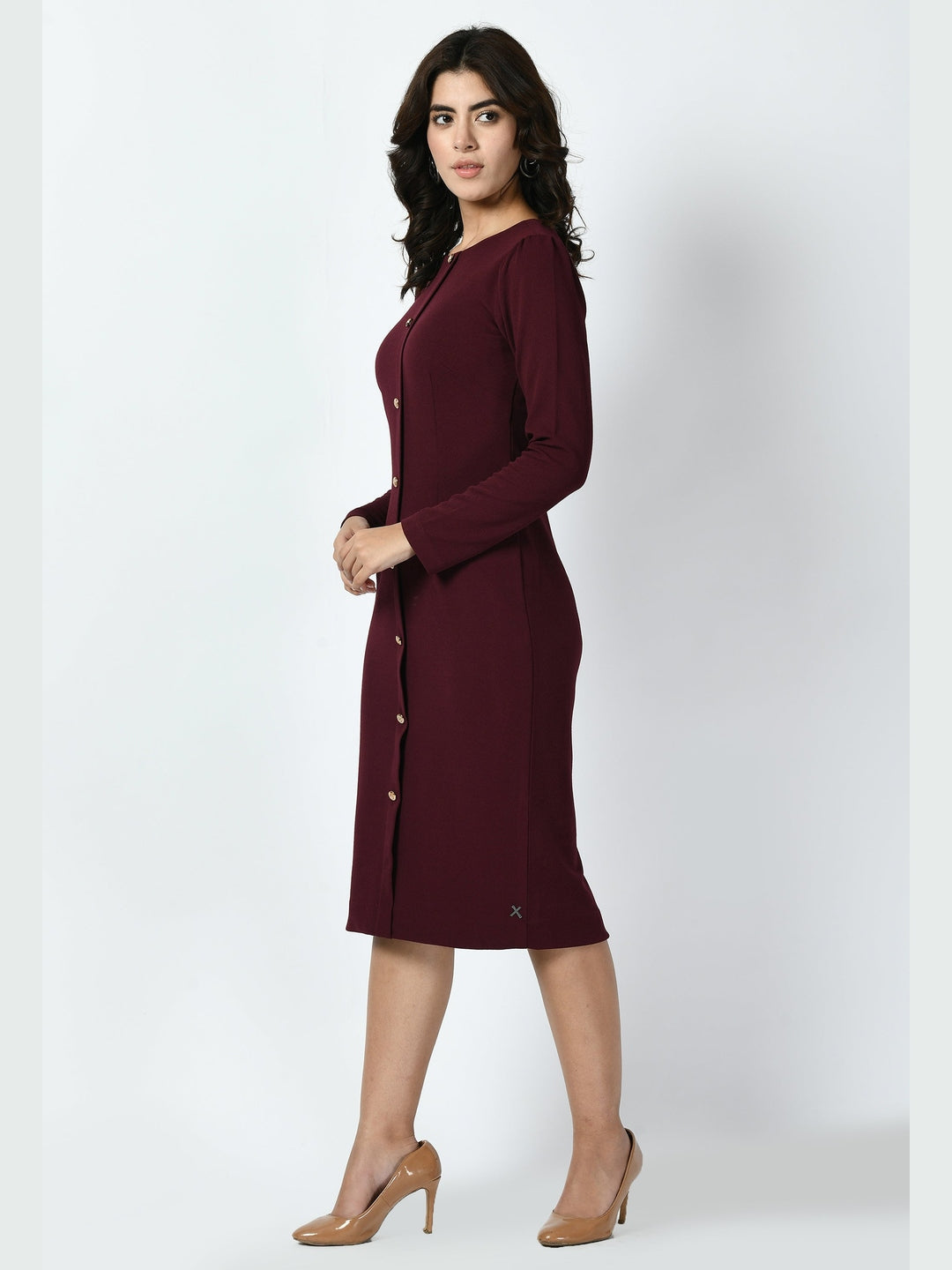 Exude Acme Button Down Midi Sheath Dress Wine Dresses