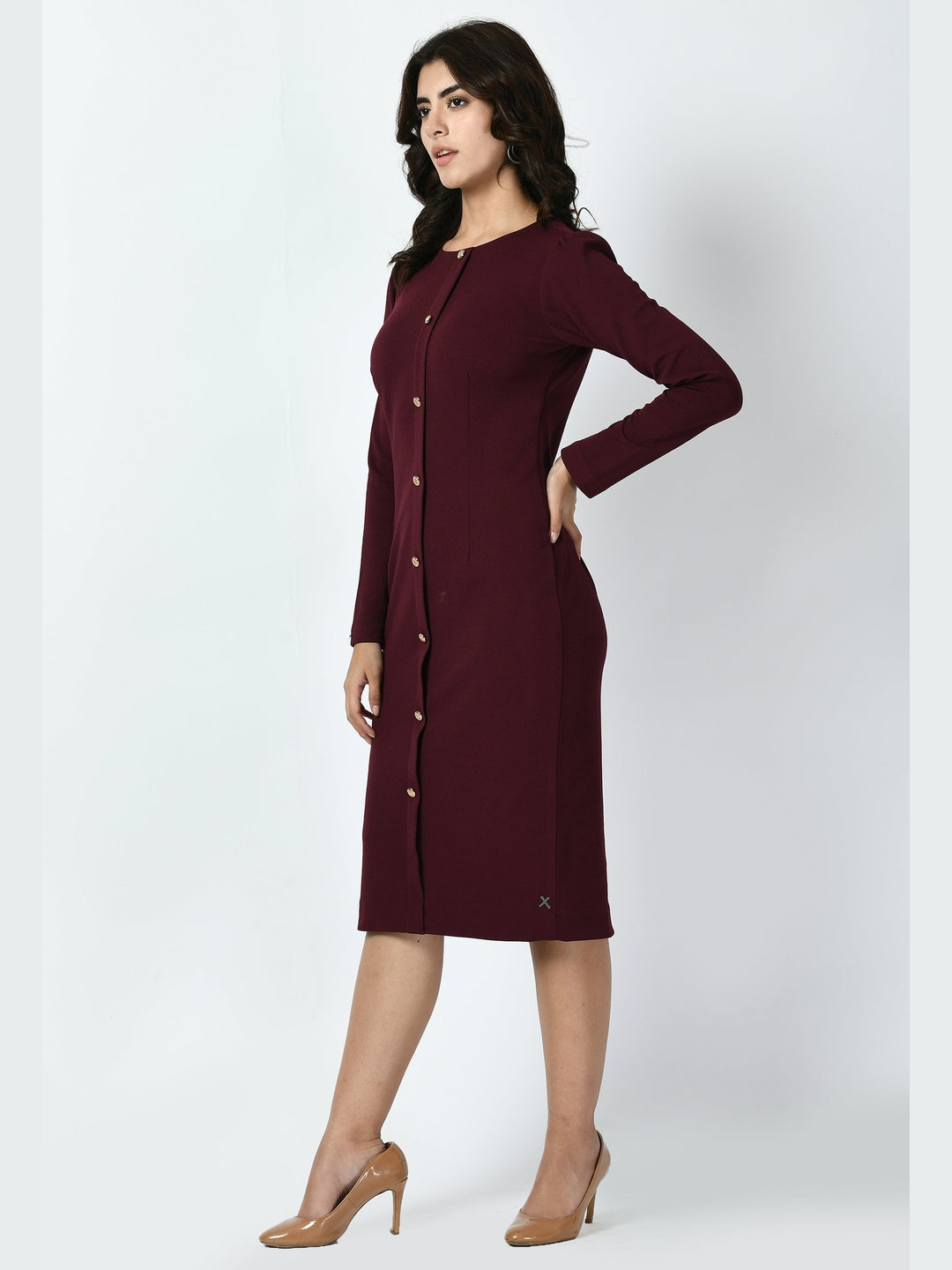 Exude Acme Button Down Midi Sheath Dress Wine Dresses