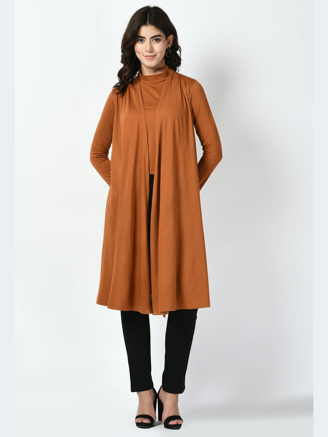 Exude Bravery Knee-length Shrug Tan Brown Shrugs