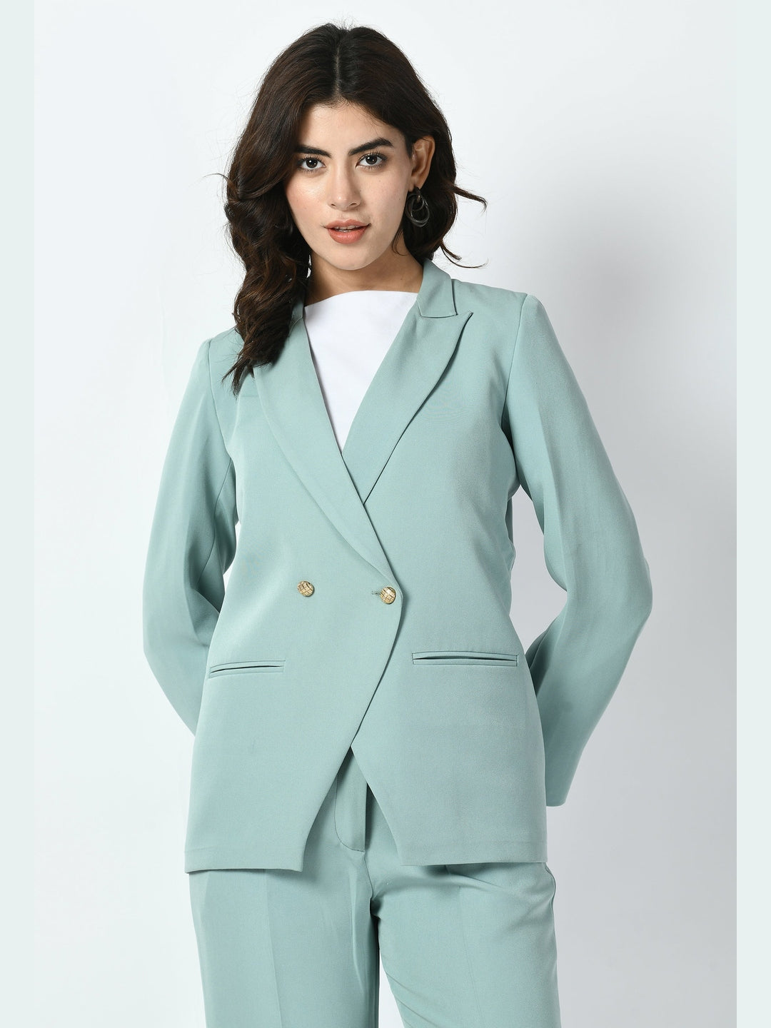 Exude Dominance Solid Formal Blazer Cyan Blue Blazers