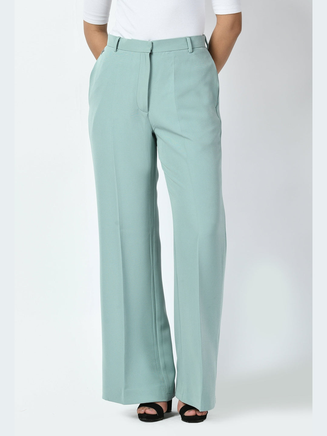 Exude Eminence Solid Bootcut Trousers Cyan Blue Trousers
