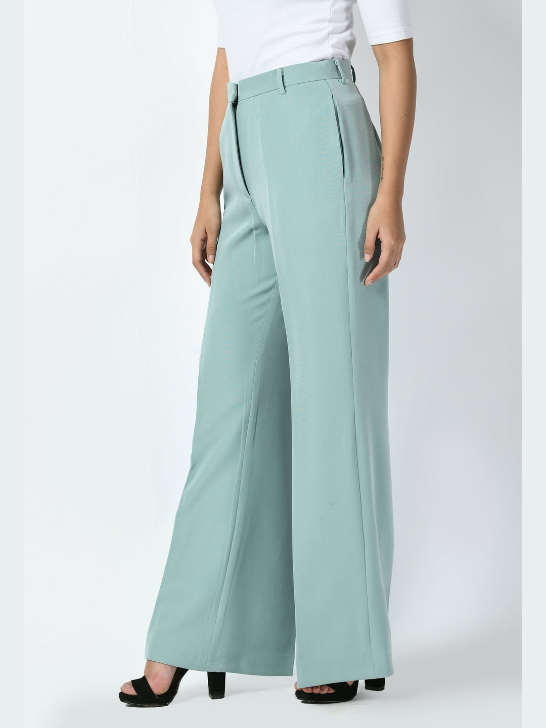 Exude Eminence Solid Bootcut Trousers Cyan Blue Trousers