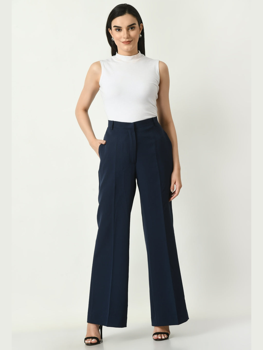 Exude Eminence Solid Bootcut Trousers Navy Trousers
