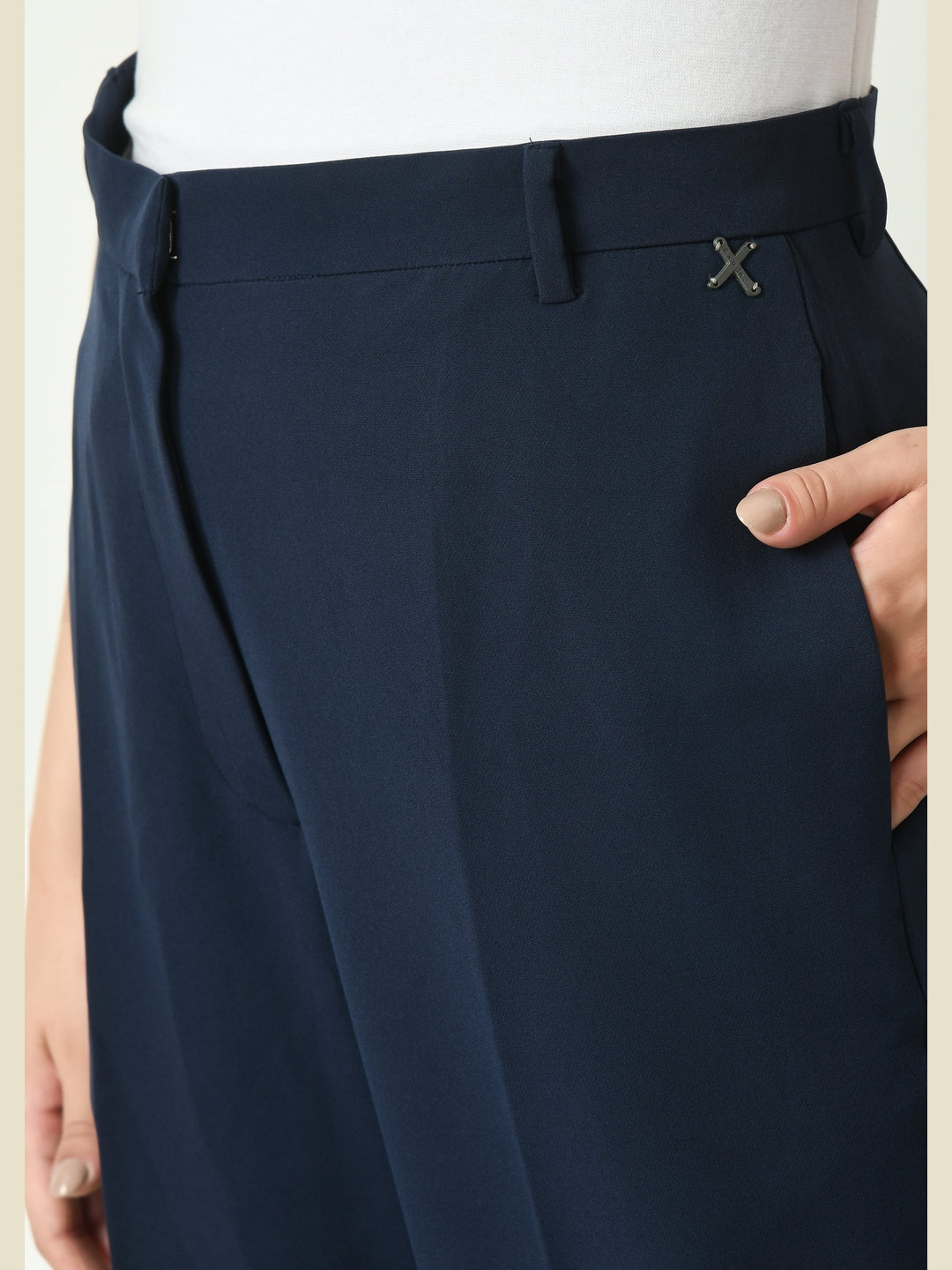 Exude Eminence Solid Bootcut Trousers Navy Trousers