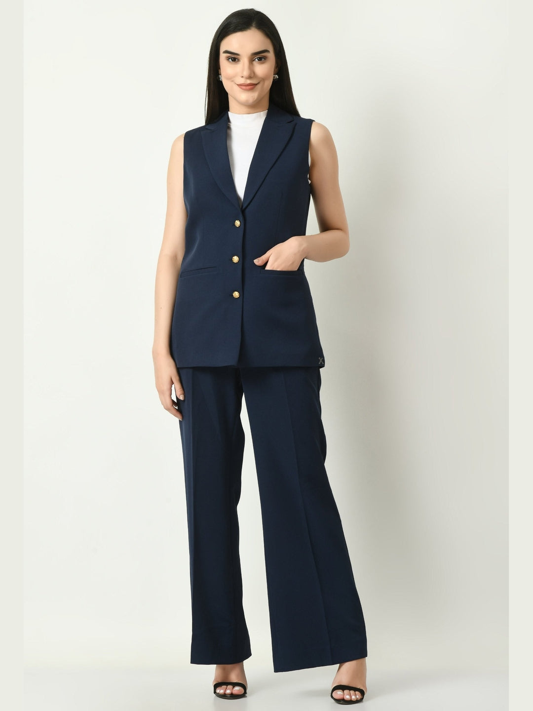 Exude Aspiration Sleeveless Blazer with Bootcut Trousers Navy Co-ord Sets