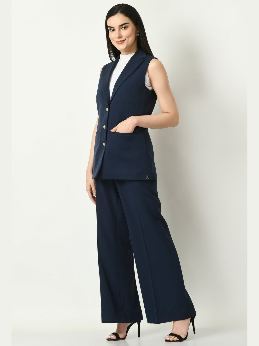 Exude Aspiration Sleeveless Blazer with Bootcut Trousers Navy Co-ord Sets