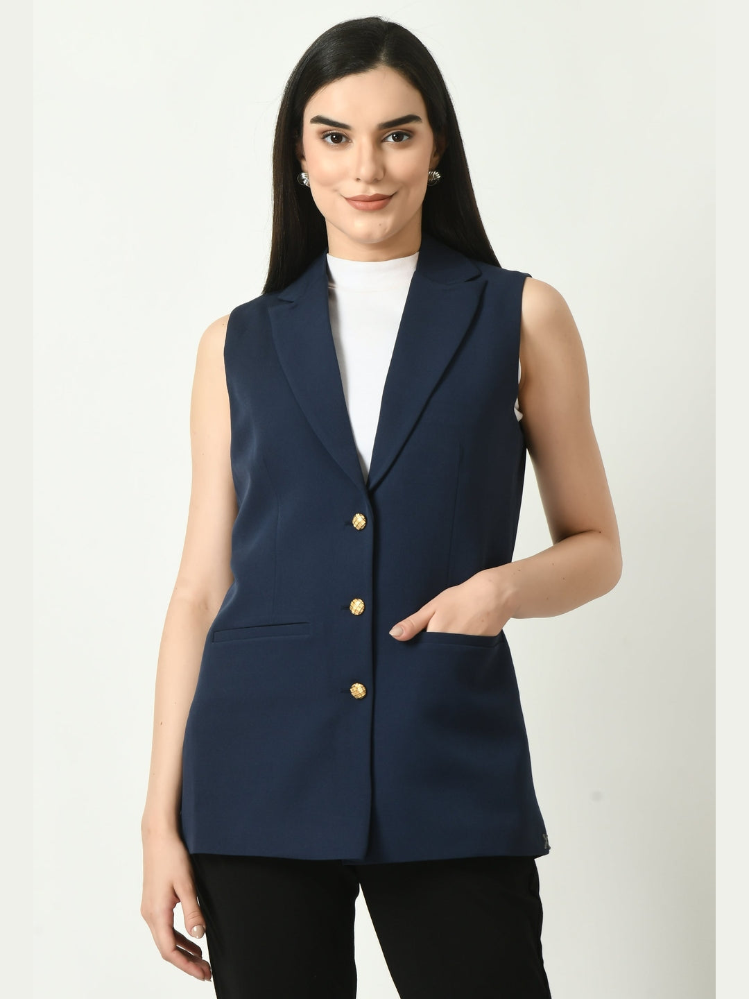 Exude Meridian Sleeveless Long Blazer Navy Blazers