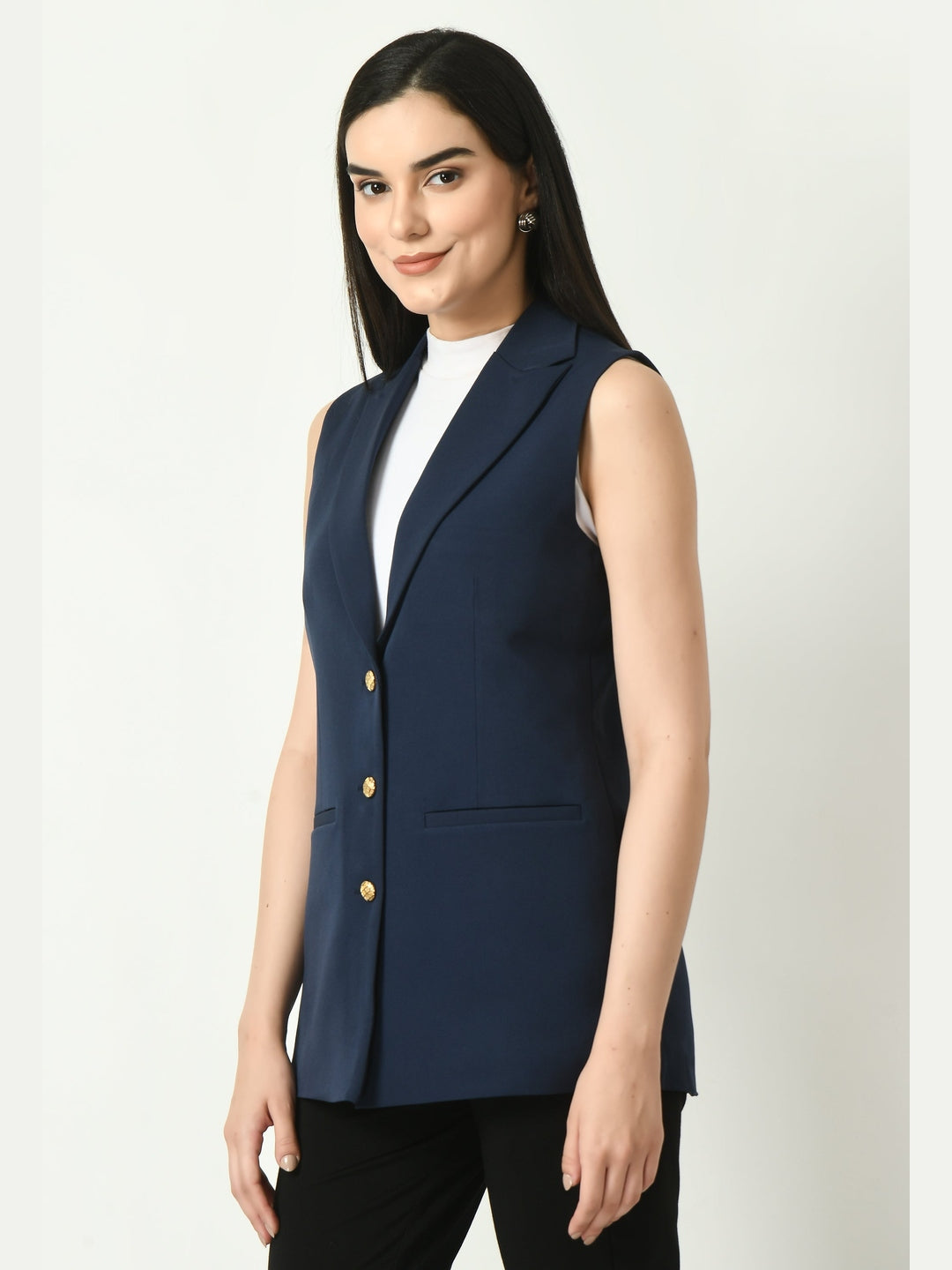 Exude Meridian Sleeveless Long Blazer Navy Blazers