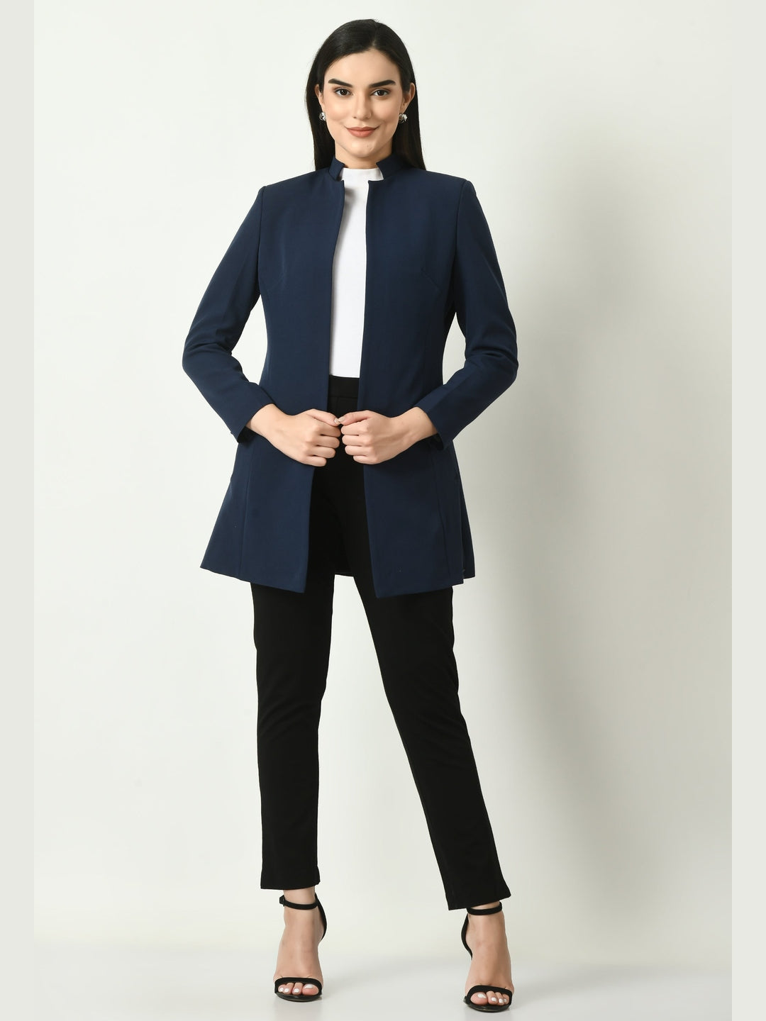 Exude Supremacy Solid Long Blazer Navy Blazers