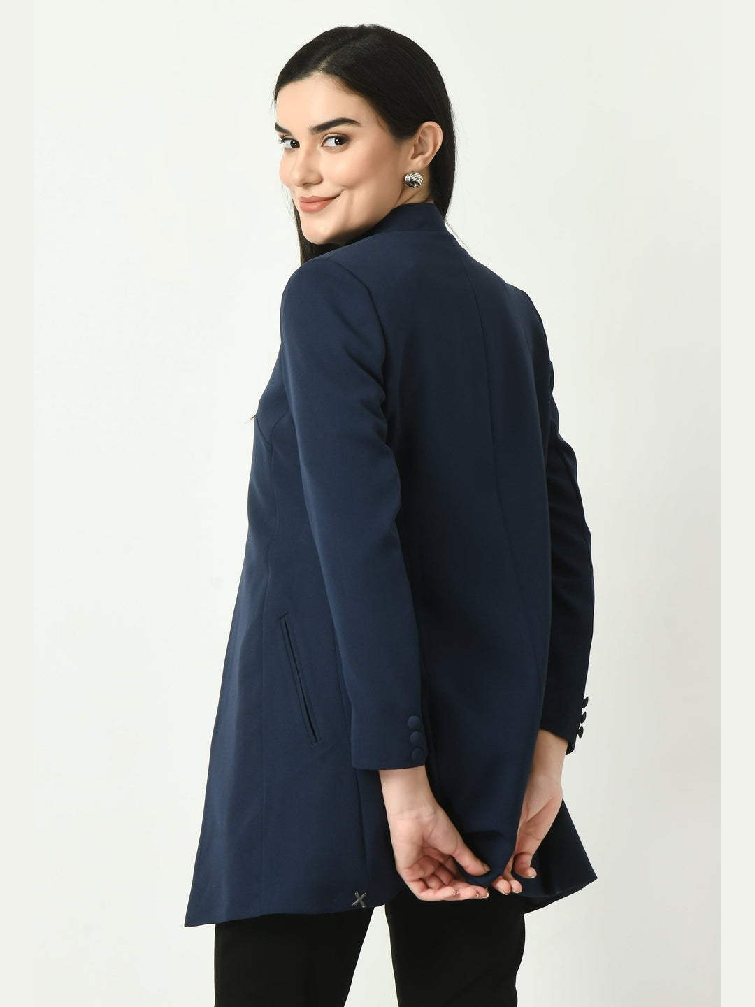 Exude Supremacy Solid Long Blazer Navy Blazers