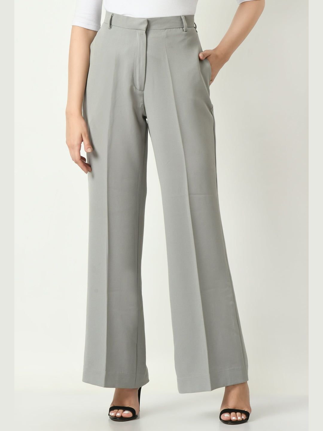 Exude Eminence Solid Bootcut Trousers Grey Trousers