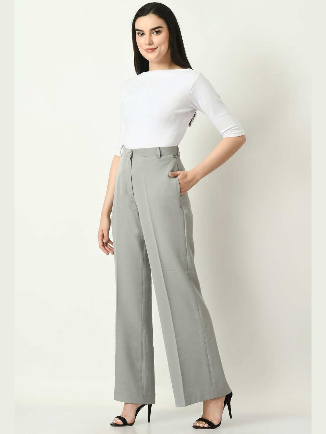 Exude Eminence Solid Bootcut Trousers Grey Trousers