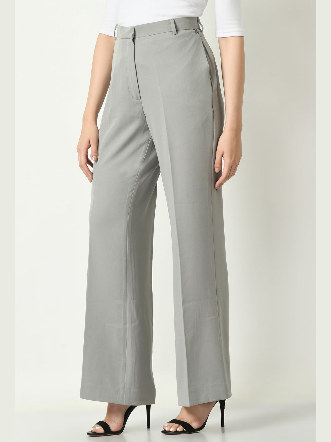 Exude Eminence Solid Bootcut Trousers Grey Trousers