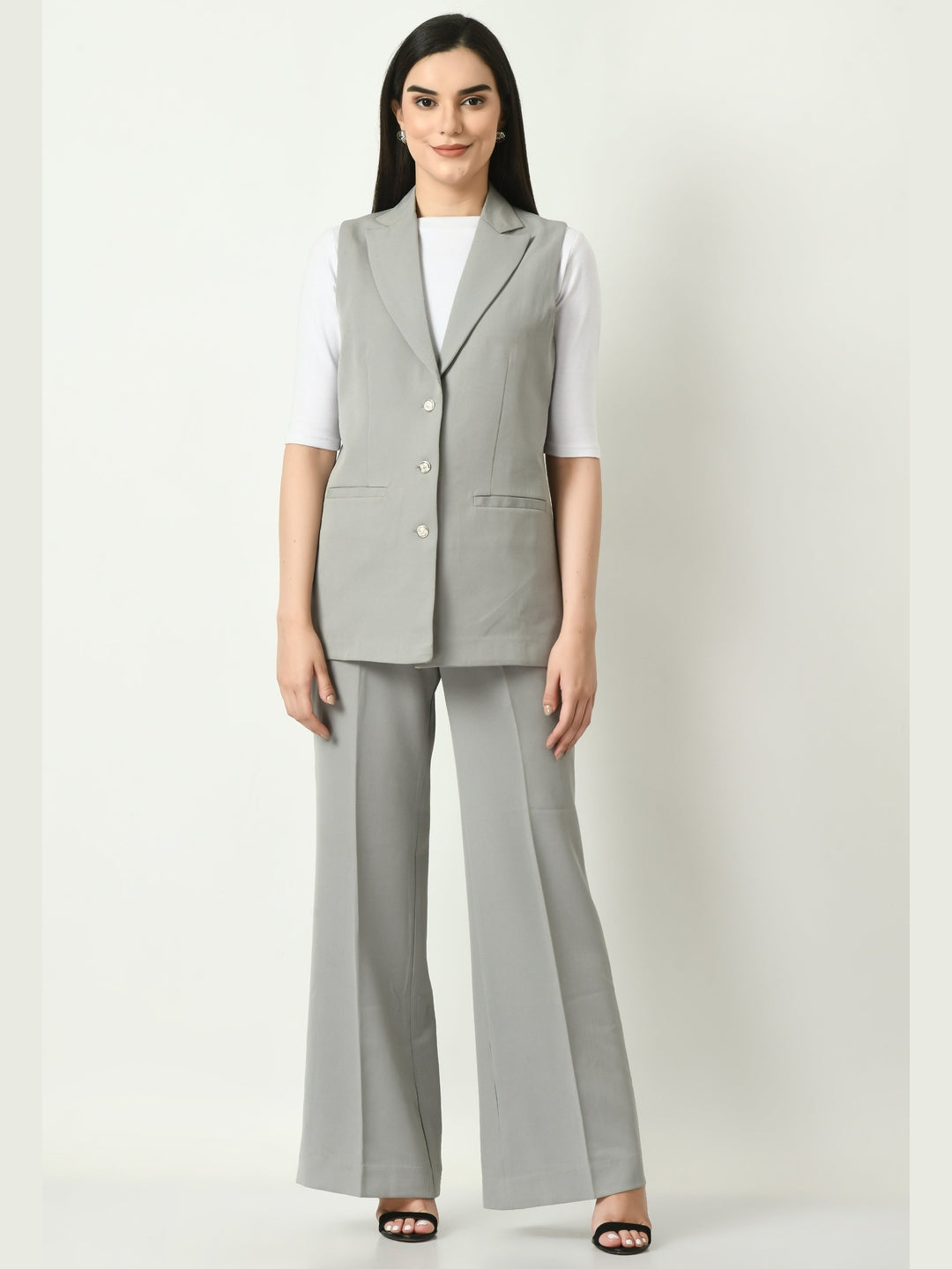 Exude Meridian Sleeveless Long Blazer Grey Blazers