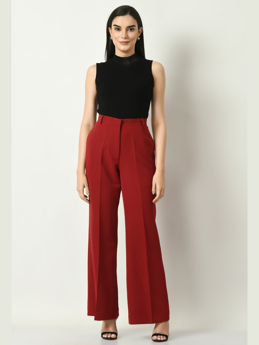 Exude Eminence Solid Bootcut Trousers Red Trousers