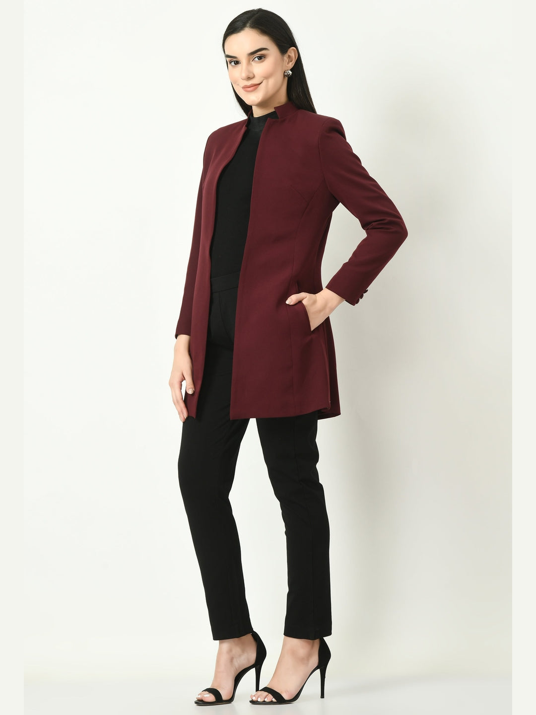 Exude Supremacy Solid Long Blazer Wine Blazers