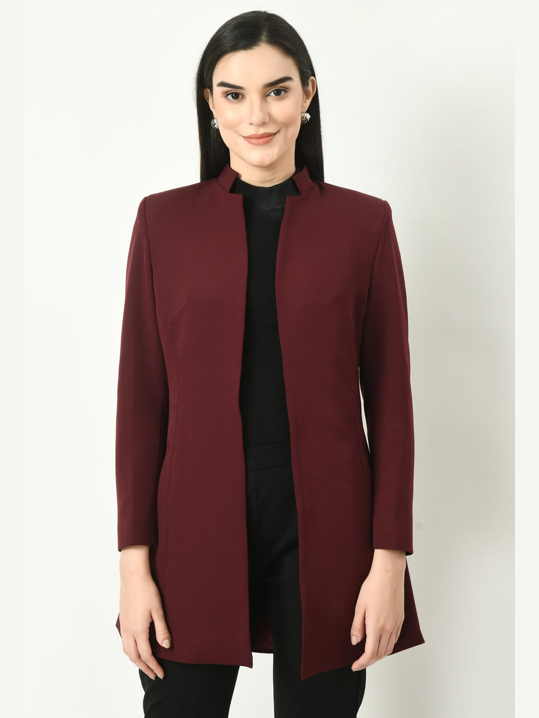 Exude Supremacy Solid Long Blazer Wine Blazers