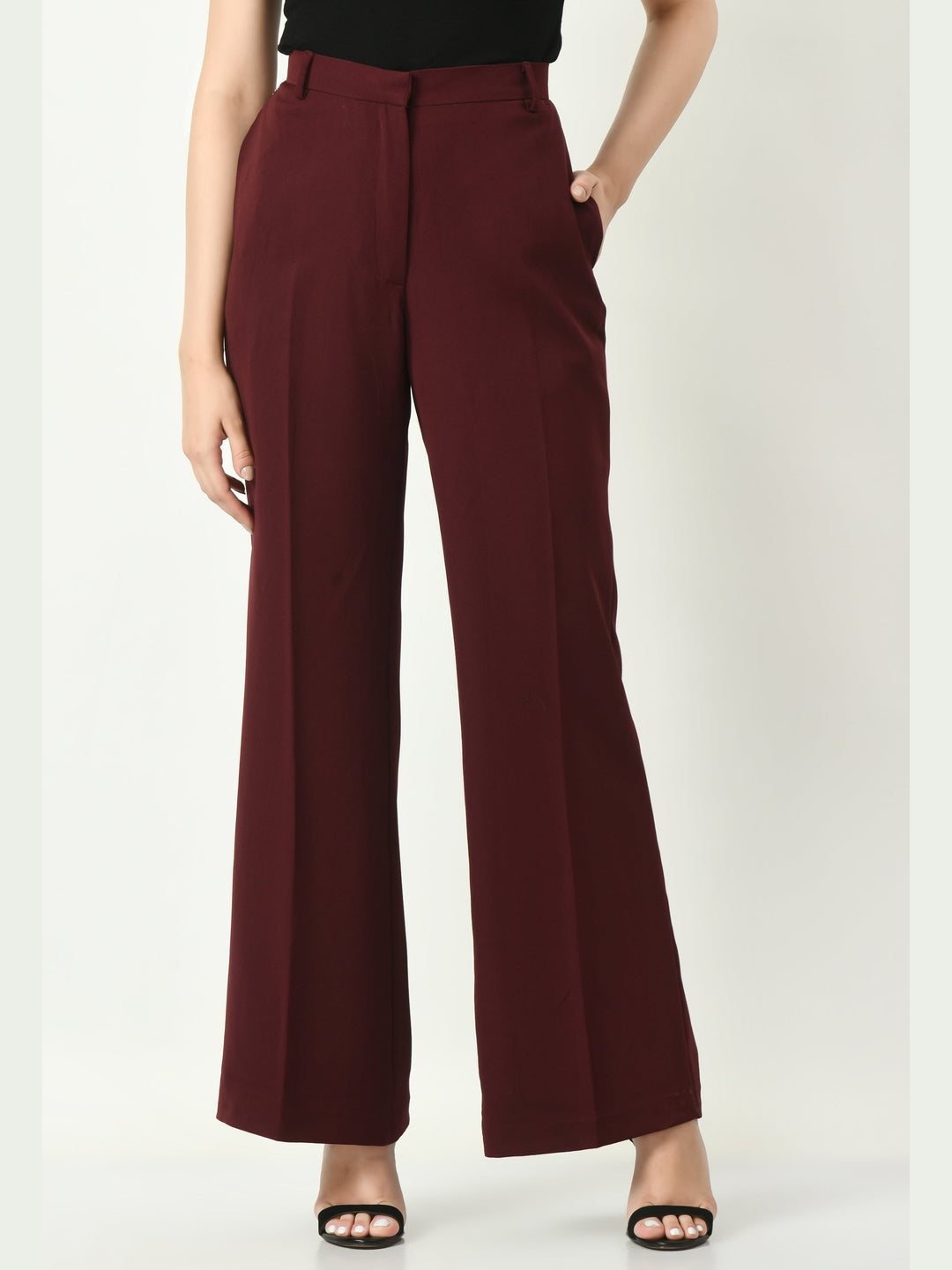 Exude Eminence Solid Bootcut Trousers Wine Trousers