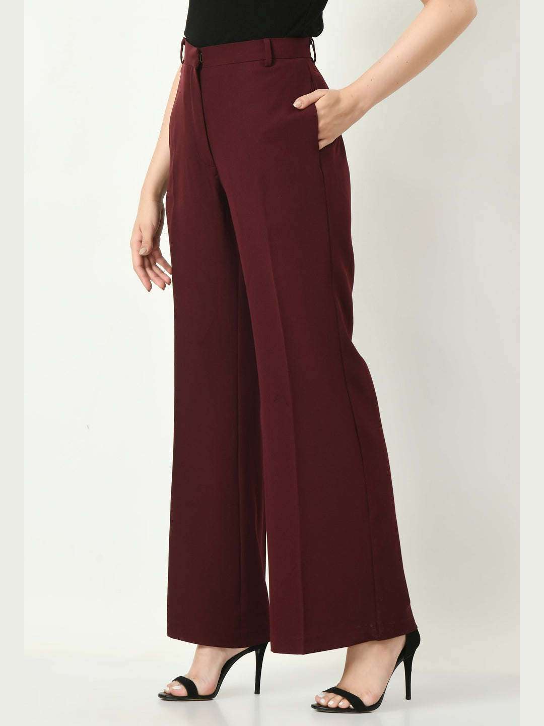 Exude Eminence Solid Bootcut Trousers Wine Trousers