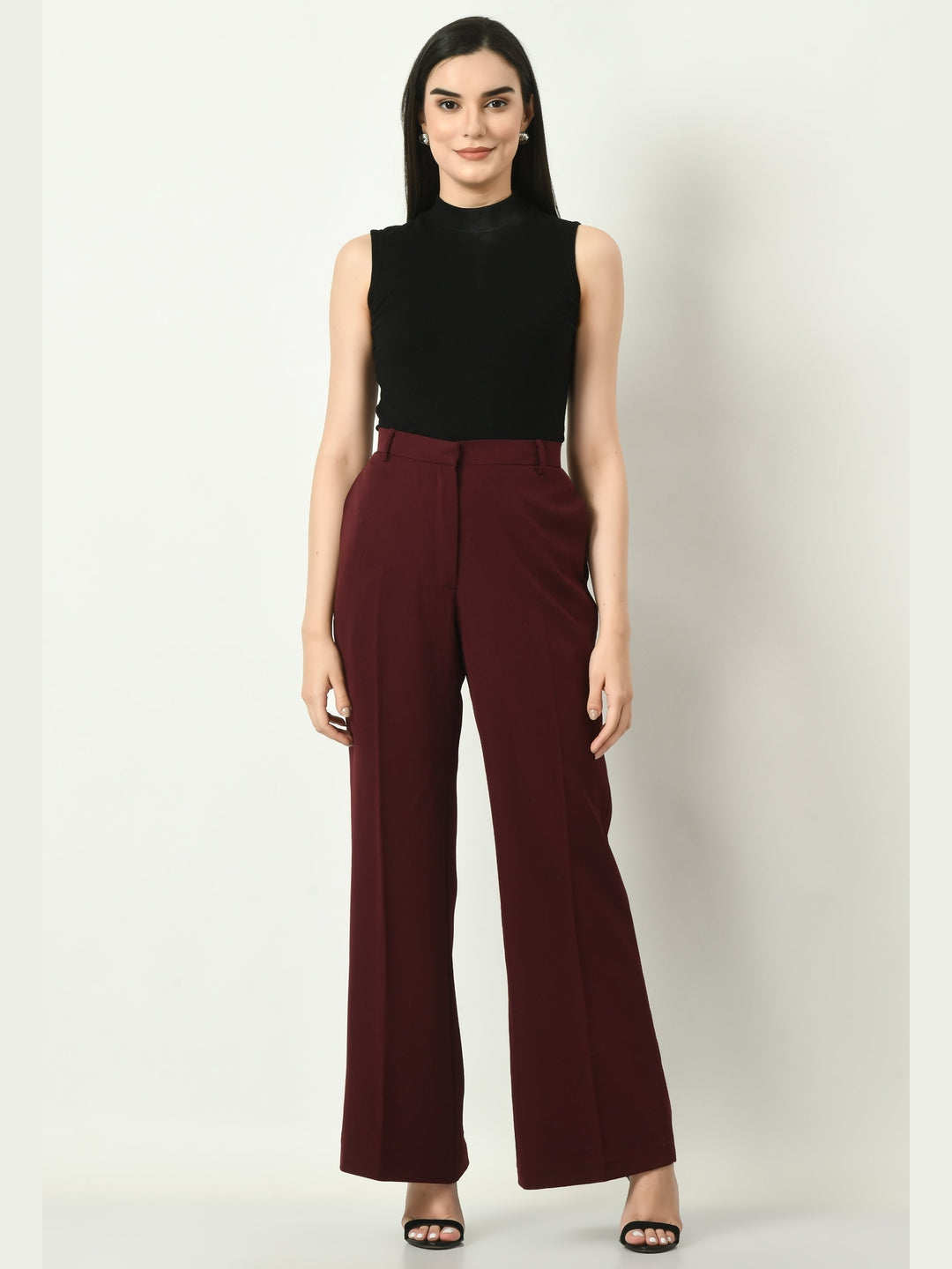 Exude Eminence Solid Bootcut Trousers Wine Trousers