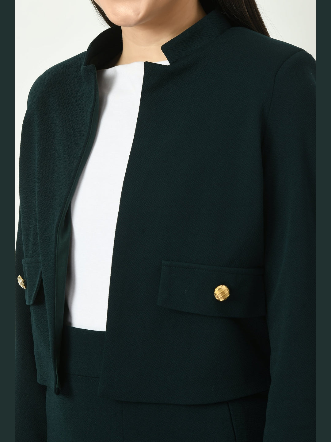Exude Triumph Mandarin Collar Crop Blazer Emerald Green Blazers