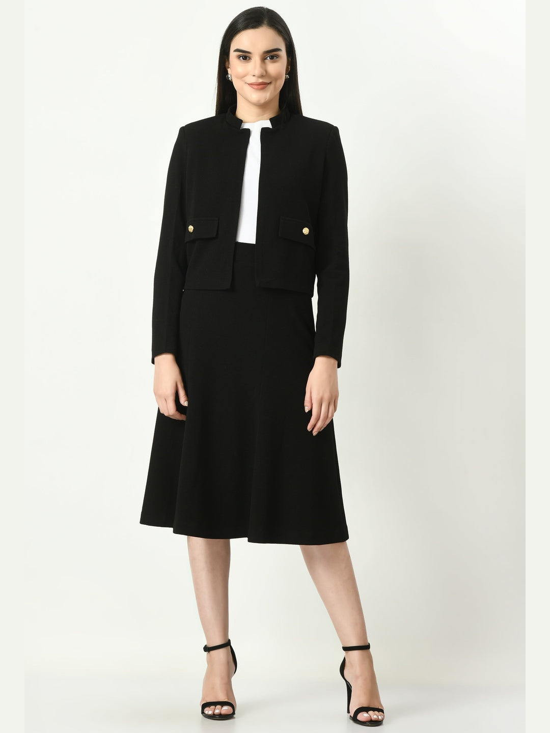 Exude Exuberant Mandarin Collar Blazer with Midi A-line Skirt Black Co-ord Sets