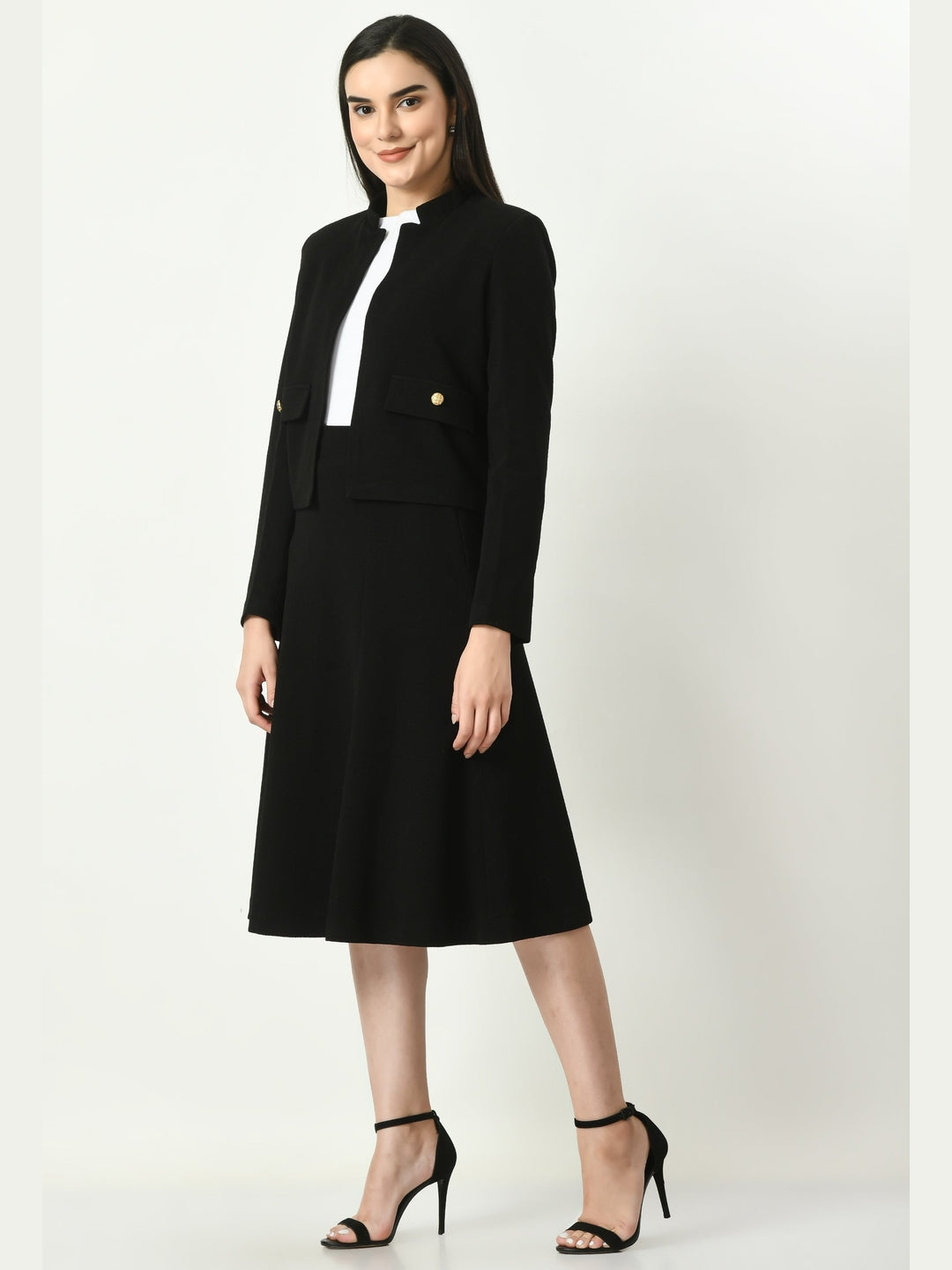 Exude Exuberant Mandarin Collar Blazer with Midi A-line Skirt Black Co-ord Sets