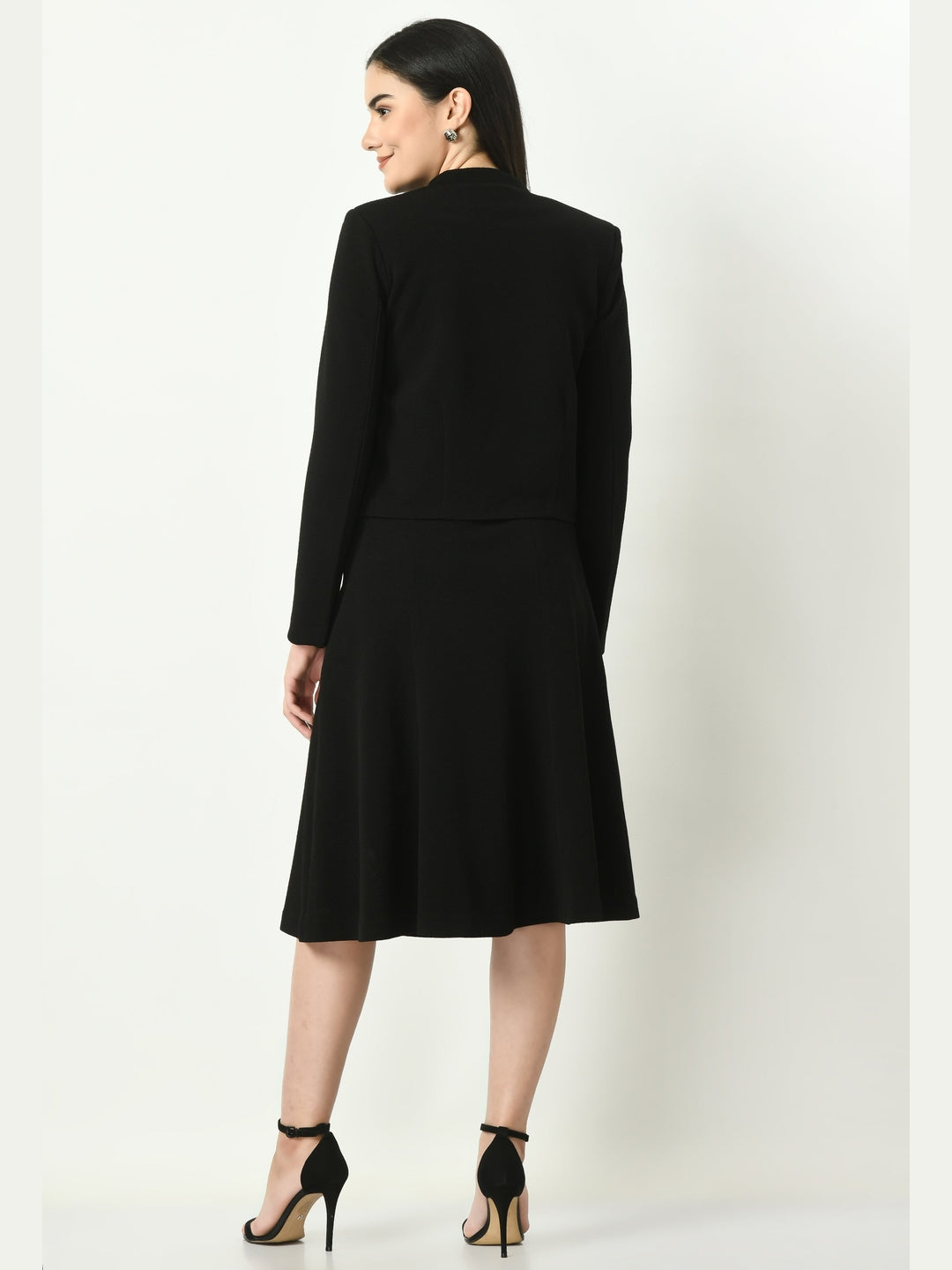 Exude Exuberant Mandarin Collar Blazer with Midi A-line Skirt Black Co-ord Sets