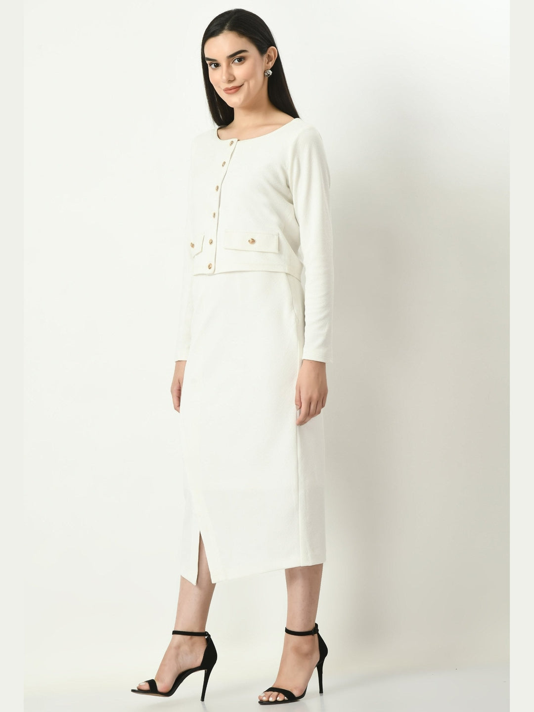 Exude Invincible Crop Blazer Top with Front Slit Midi Skirt White Co-ord Sets