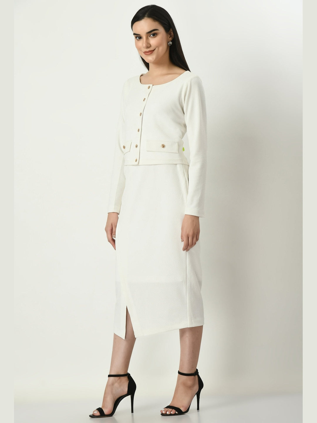 Exude Invincible Crop Blazer Top with Front Slit Midi Skirt White Co-ord Sets