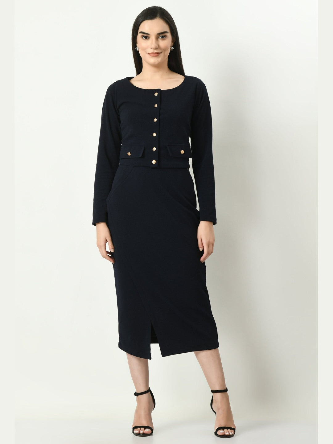 Exude Invincible Crop Blazer Top with Front Slit Midi Skirt Navy Co-ord Sets
