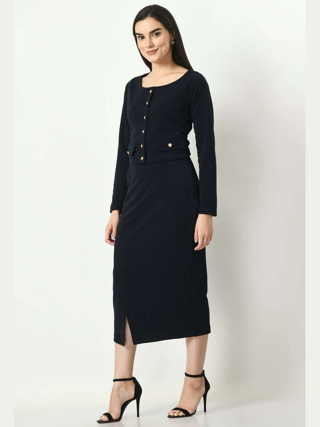 Exude Invincible Crop Blazer Top with Front Slit Midi Skirt Navy Co-ord Sets