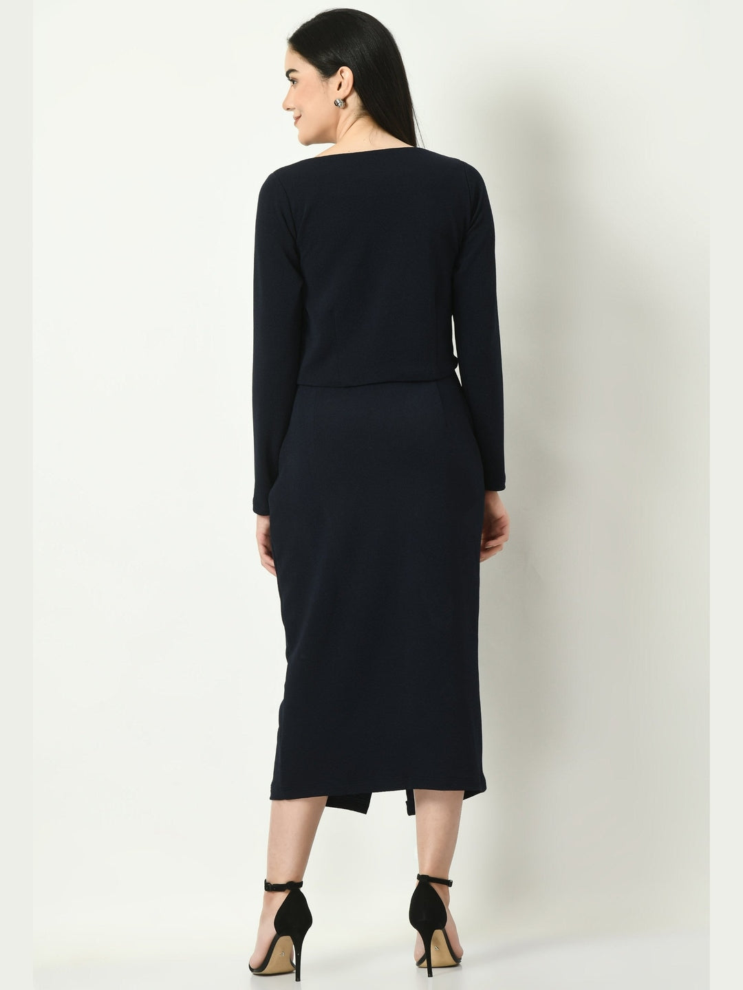 Exude Invincible Crop Blazer Top with Front Slit Midi Skirt Navy Co-ord Sets