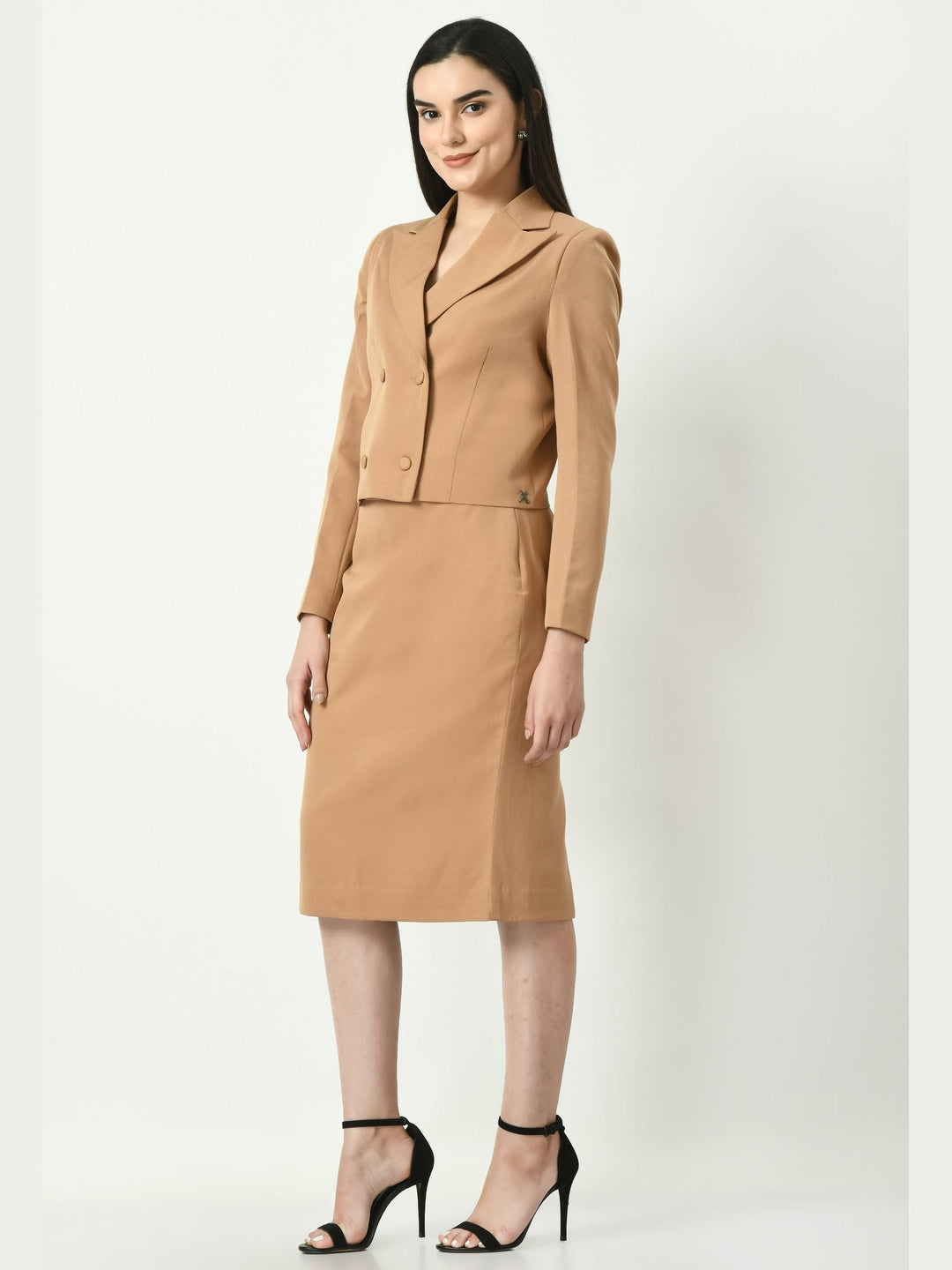 Exude Self-assurance Double-breasted Crop Blazer Top with Pencil Skirt Beige Co-ord Sets