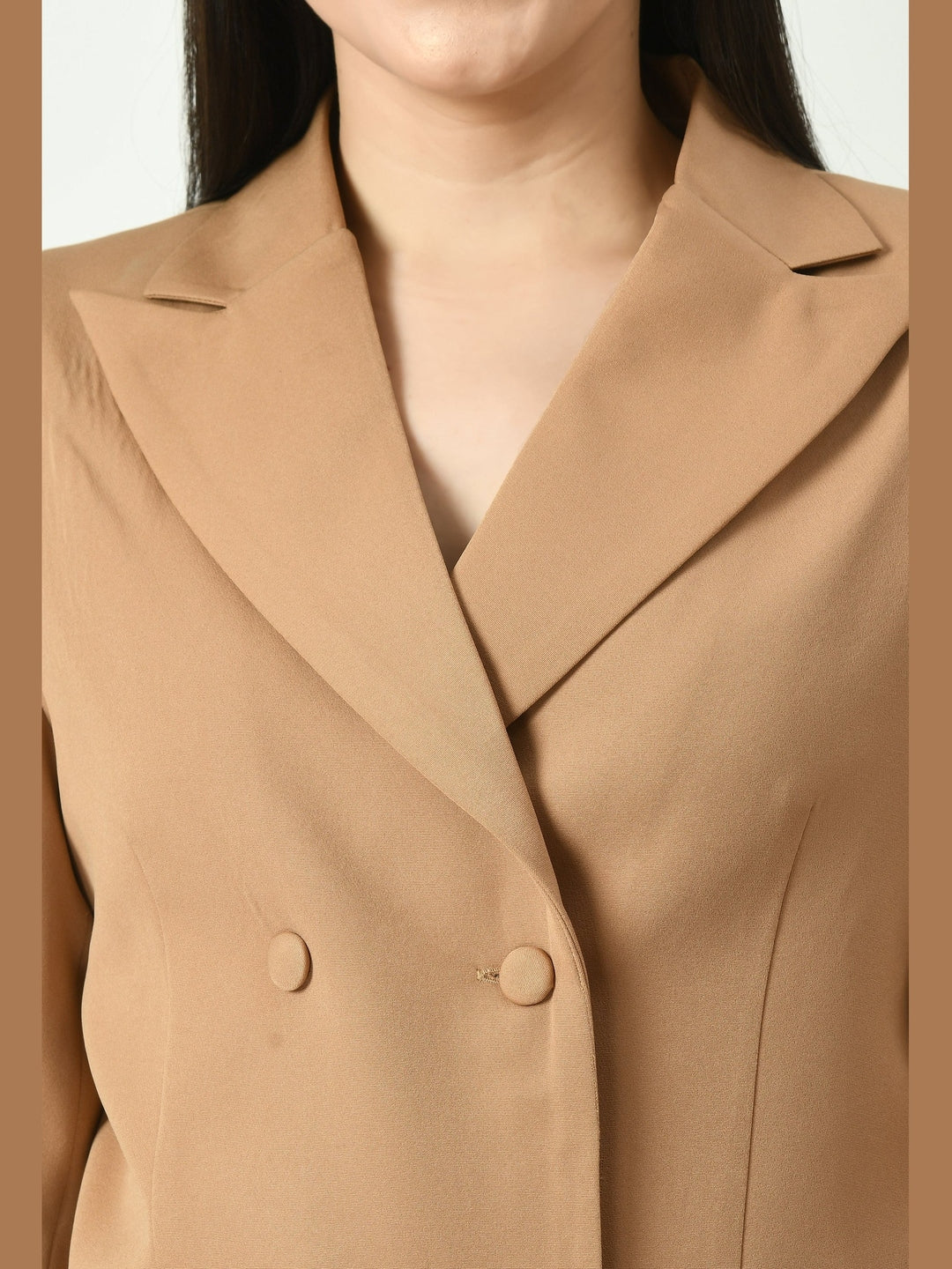 Exude Self-assurance Double-breasted Crop Blazer Top with Pencil Skirt Beige Co-ord Sets