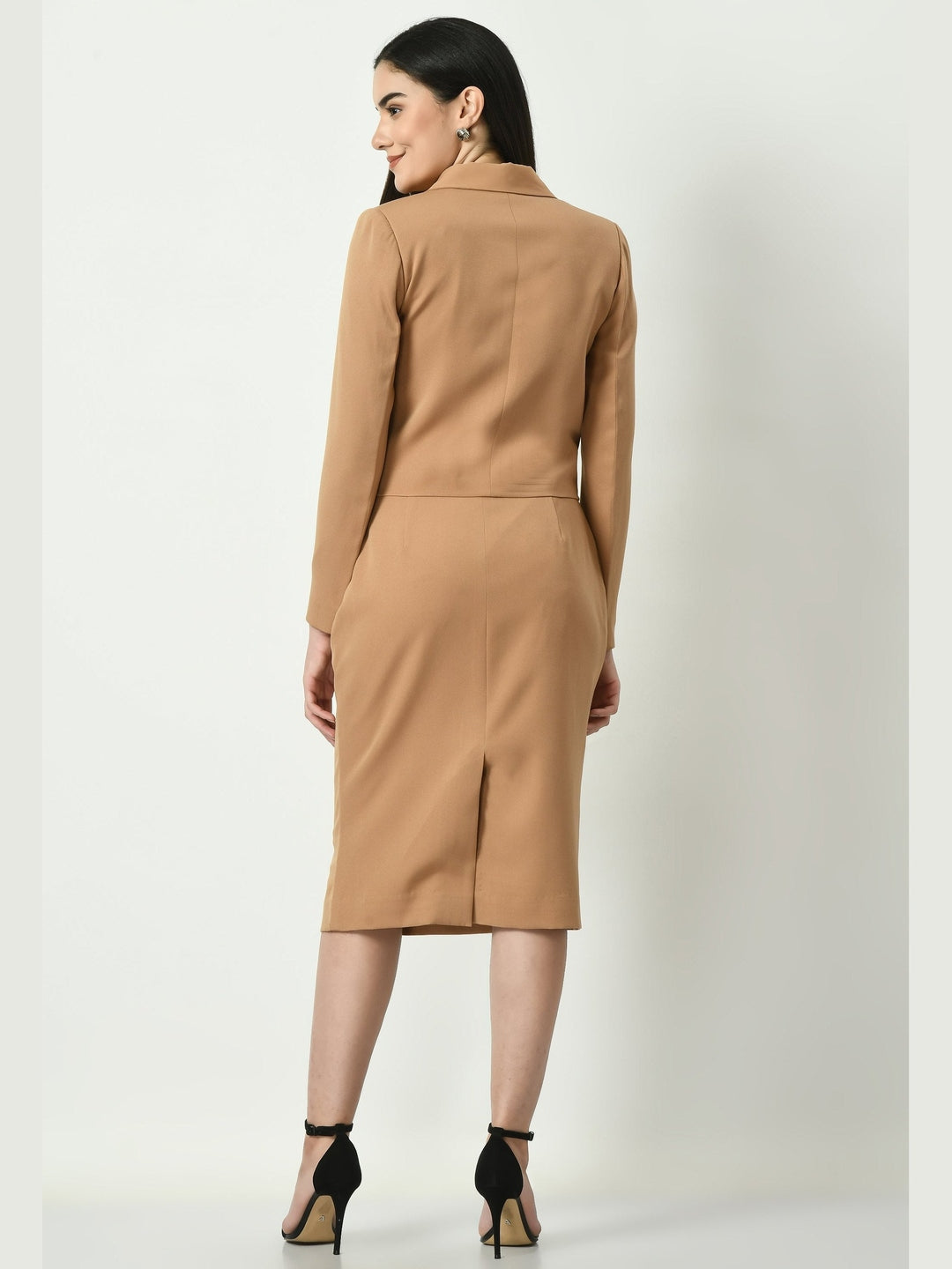 Exude Self-assurance Double-breasted Crop Blazer Top with Pencil Skirt Beige Co-ord Sets