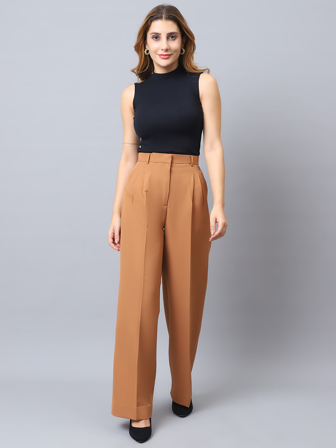 Exude Influence Solid Wide Leg Trousers Beige Trouser