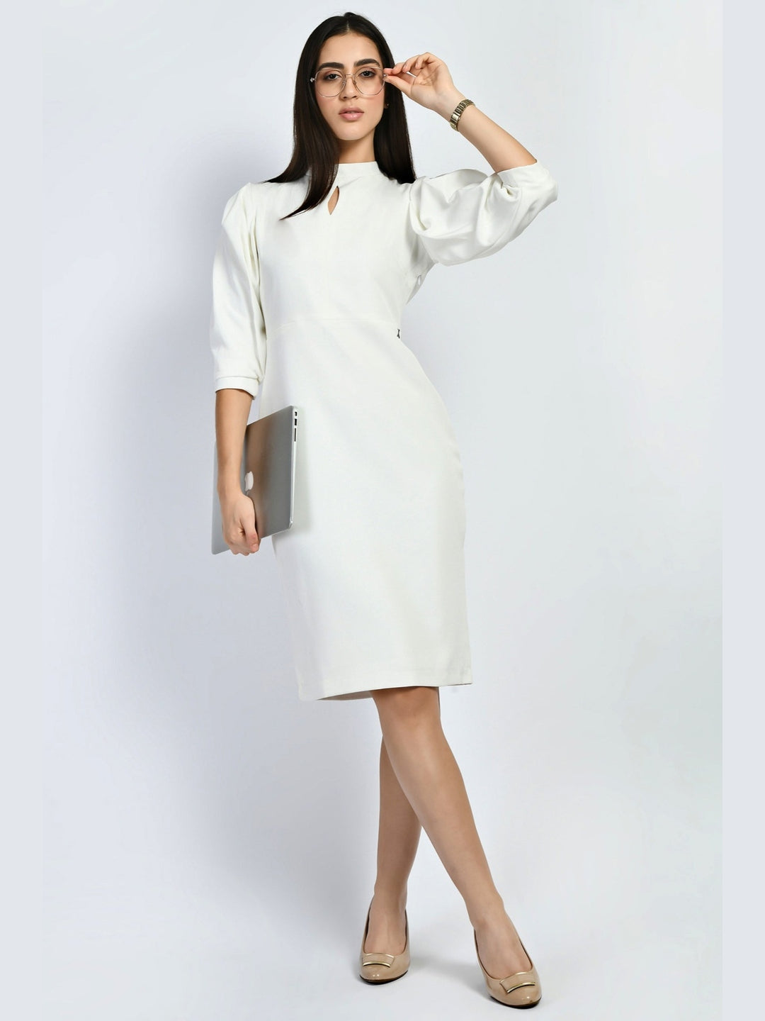 Exude Allure Puffed Sleeves Sheath Dress White Dresses