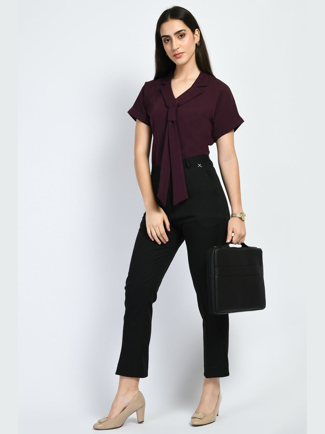 Exude Transcendence Blazer Top with Front Tie Wine Tops