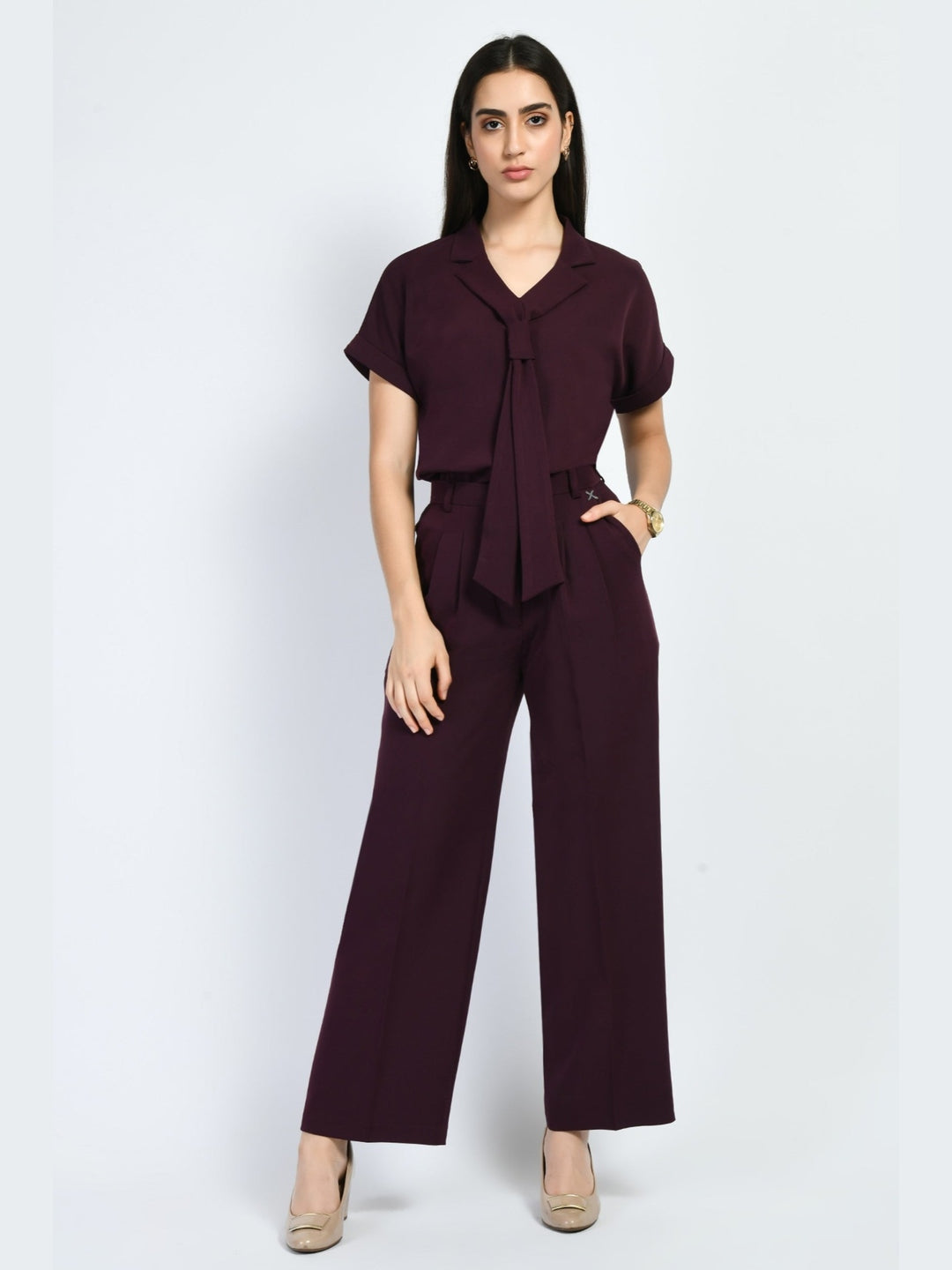 Exude Magnetism Solid Wide Leg Trousers With Blazer Tie Top Co-ord Wine Co-ord Sets
