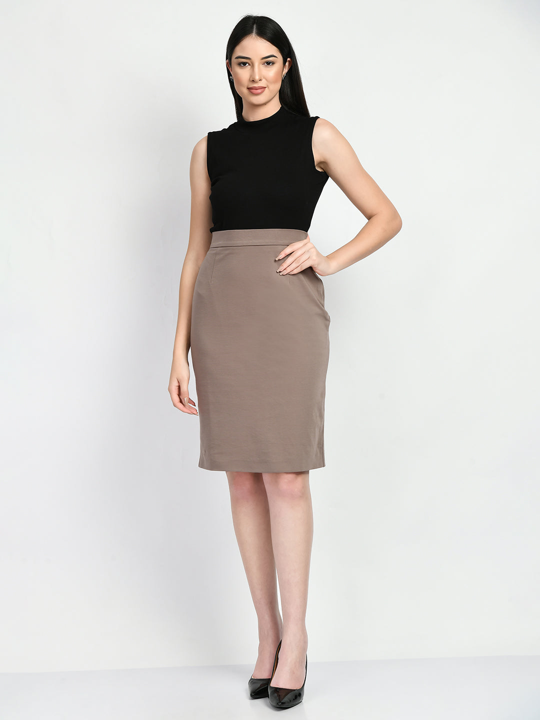 Exude Leadership Solid 4 Way Stretch Pencil Skirt Camel Beige Skirt